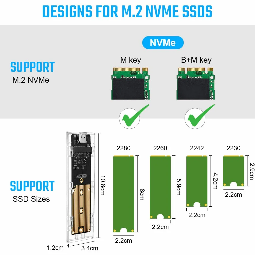 AXFEE Obudowa SSD M.2 nvme adapter m2 zewnętrzny dysk twardy, obudowa adaptera SSD m2 USB 3.1 USB-C dysk twardy do M.2 PCIe NVME M-Key 2230/2242/2260/2280