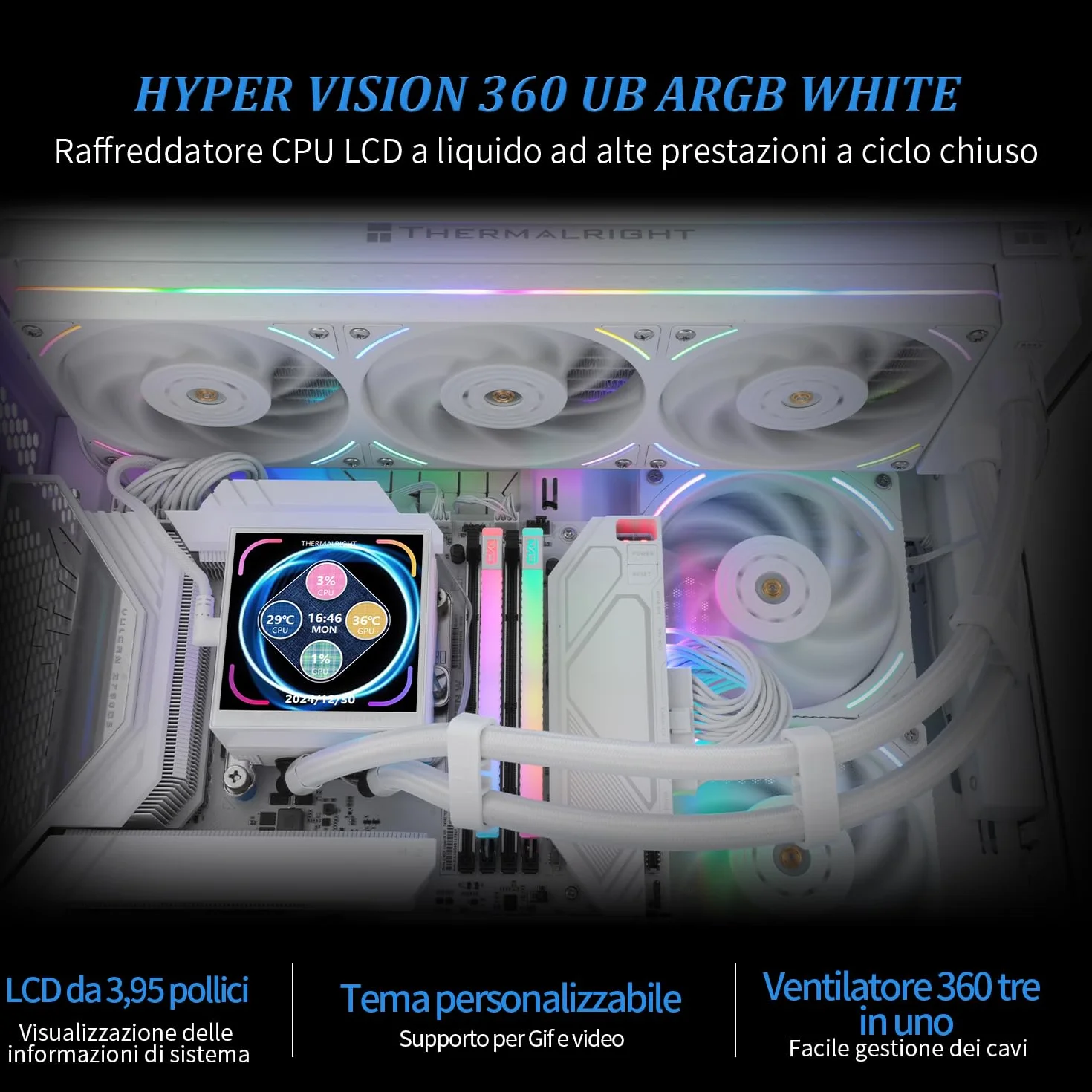 TR Hyper Vision 360 UB ARGB White AIO Chłodzenie cieczy, do AM5 / Intel LGA1851/1700, 3,95 cala Magnetyczny wyświetlacz LCD z rozdzielczością 480x480 dla obrazów