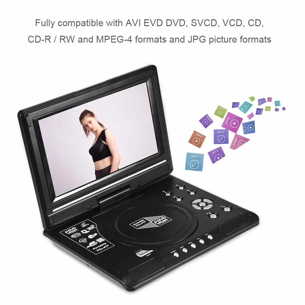 Odtwarzacz DVD, przenośny 9-calowy odtwarzacz DVD z panoramicznym ekranem LCD obracanym o 270 ° Odtwarzacz DVD wideo Odtwarzacz wideo FM SD USB AV CD VCD (wtyczka UE 110-240 V)