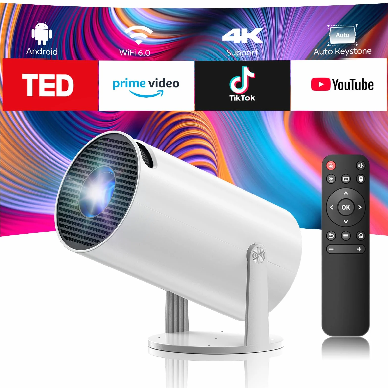 Mini projektor 4K z WiFi6 i BT5.0, Android 11.0, przenośny projektor z obrotem o 220°, automatyczna korekcja trapezowa, inteligentny projektor kina domowego do iPhone'a/PC/Switch