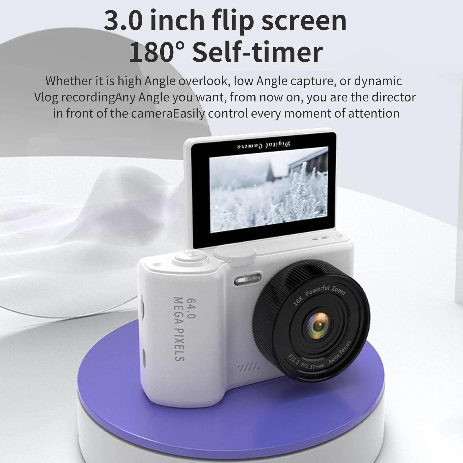 Andoer Aparat cyfrowy 4K z 3-calowym ekranem składanym, WiFi 64 MP, przenośny, kompaktowy aparat z zoomem cyfrowym 16x, karta TF 32 GB, akumulator dla nastolatków, dorosłych, początkujących, wbudowane
