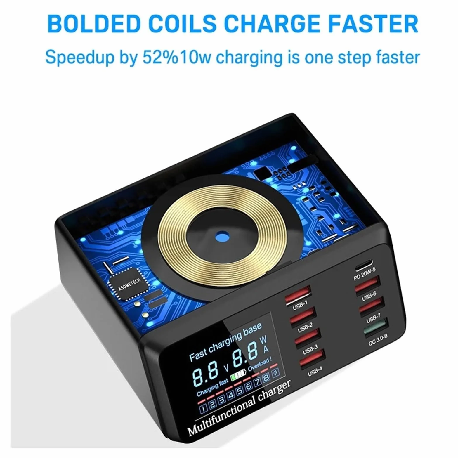 8-portowa Stacja Ładująca USB O Mocy 100 W Z Bezprzewodowym Ładowaniem Cyfrowy Wyświetlacz QC3.0 PD3. Szybkie Ładowanie MożLiwość Szybkiego łAdowania