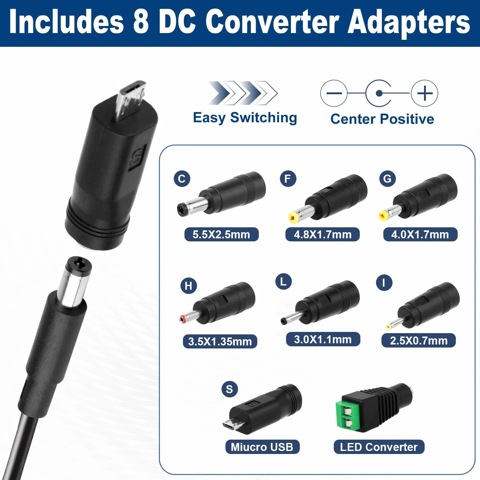 9 V 2 A zasilacz AC adapter z 8 wtyczkami DC 5,5 x 2,1 mm ładowarka do falownika 500 mA do 2000 mA zasilacz sieciowy do routera taśmy LED CCTV WLAN Hub FritzBox urządzenia adapter zasilacza konwerter