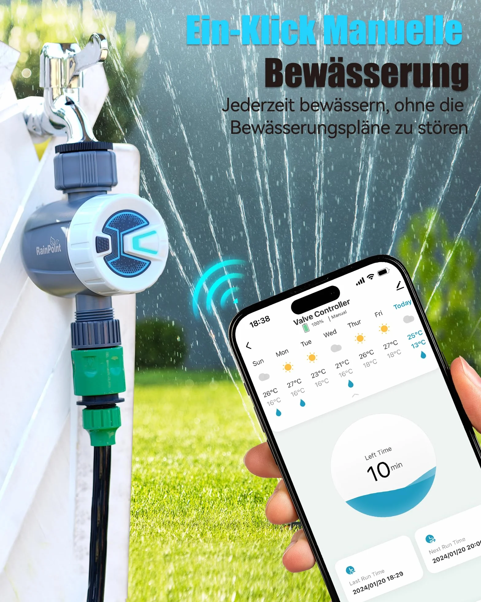 RAINPOINT Sterownik nawadniania WiFi, komputer z automatycznym nawadnianiem z 2 trybami nawadniania, zdalne sterowanie inteligentną aplikacją za pośrednictwem sieci WLAN 2,4 GHz lub Bluetooth, timer