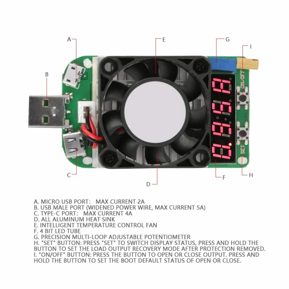 Akozon USB Load Tester Elektroniczny tester obciążenia Moduł rezystancji Test baterii LD25 Regulowany tester napięcia prądu