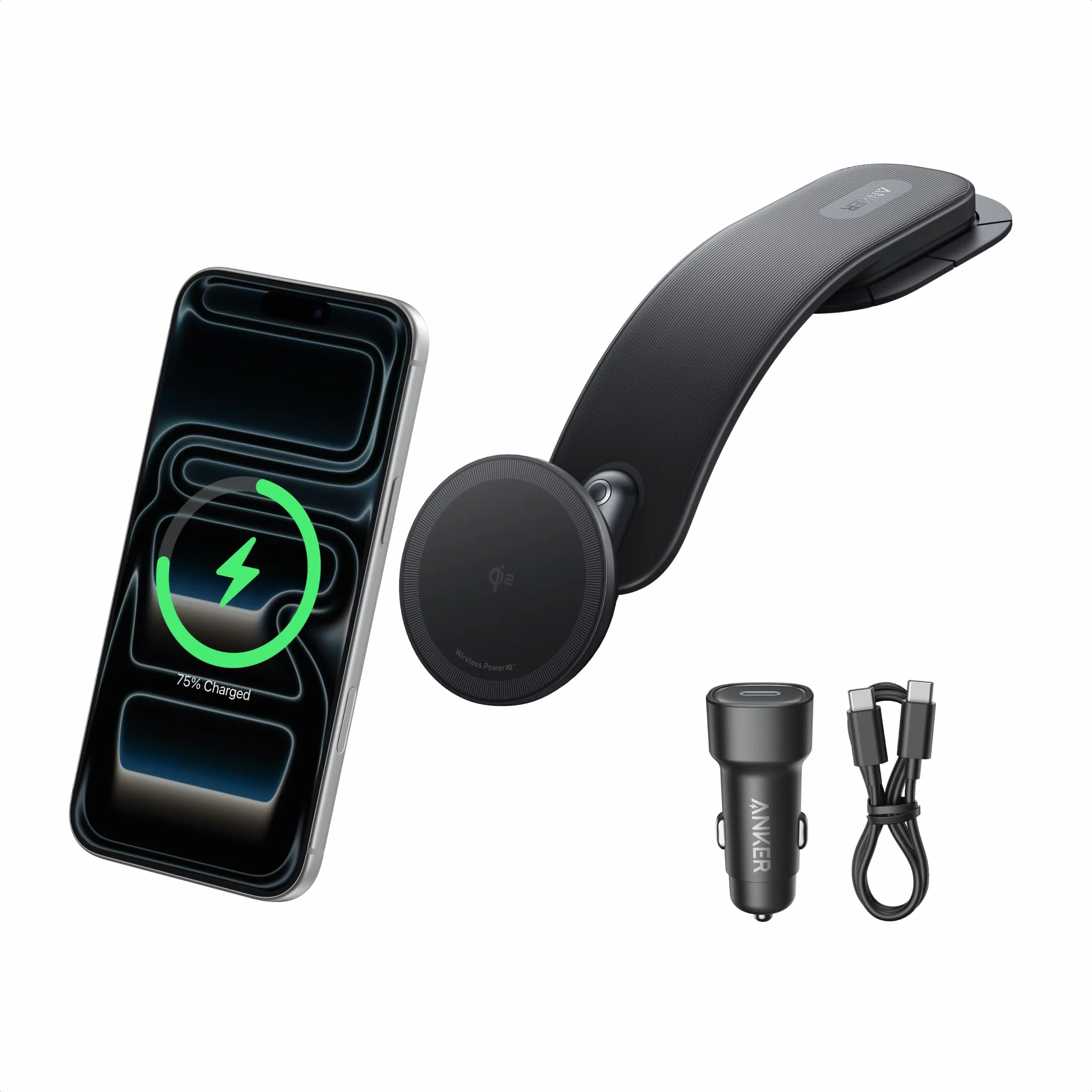 Bezprzewodowa ładowarka samochodowa Anker Nano, regulowana magnetycznie w zakresie 360°, odłączana podkładka, szybkie ładowanie Qi 15 W, solidny metalowy uchwyt, do serii iPhone 16/15/14/13/12 (z zasi | Magnetyczna ładowarka samochodowa z regulacją 360°,
