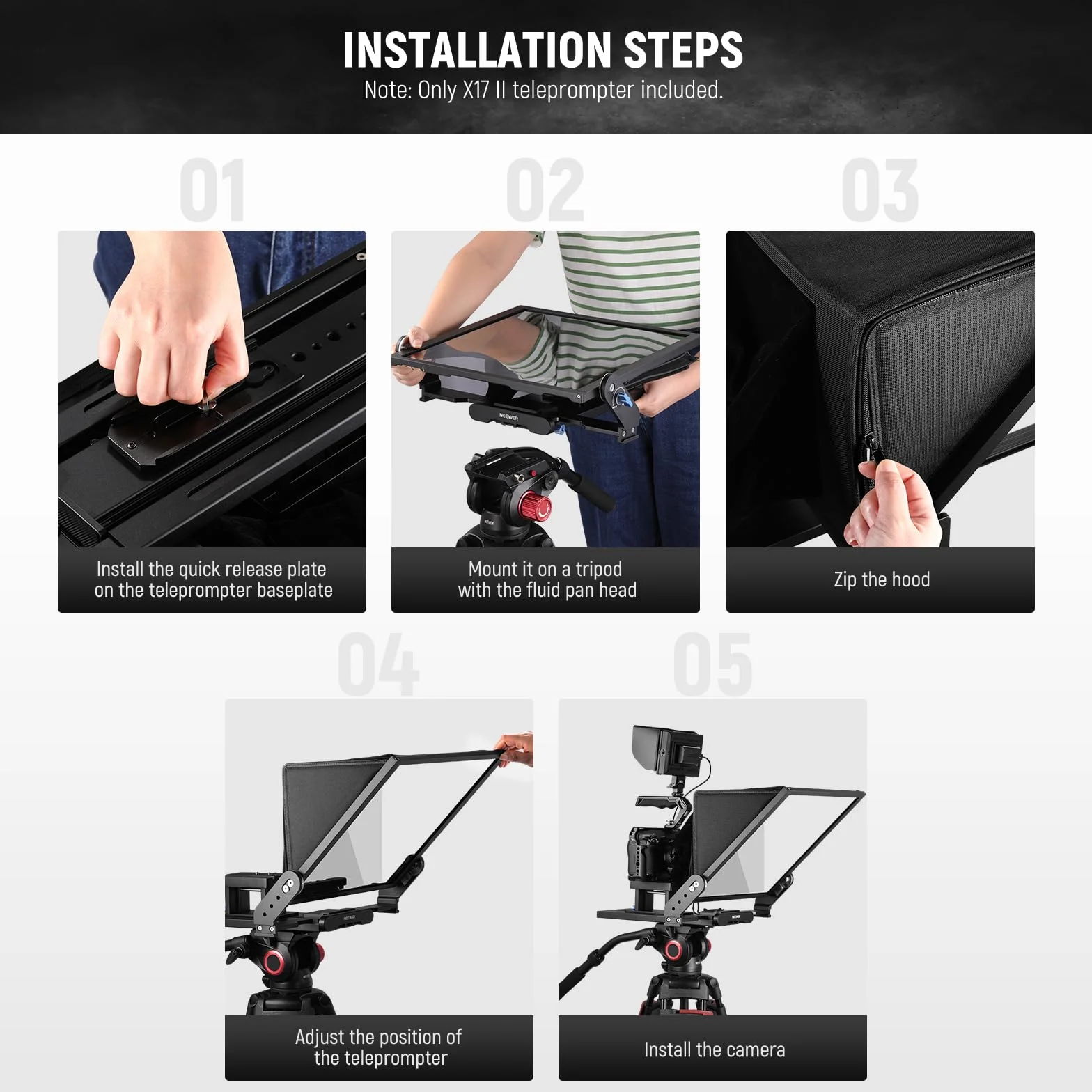 NEEWER Teleprompter X17 II z pilotem RT113 / sterowaniem aplikacją, rozdzielacz wiązki HD 43.2 cm, całkowicie metalowa rama, ulepszony uchwyt, płyta QR, kompatybilna z iPadem 501PL, maksymalne