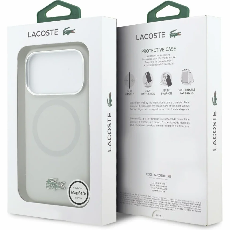 CG MOBILE Lacoste HC silikonowe metalowe logo kompatybilne z MagSafe etui do iPhone 17 Pro (szare)