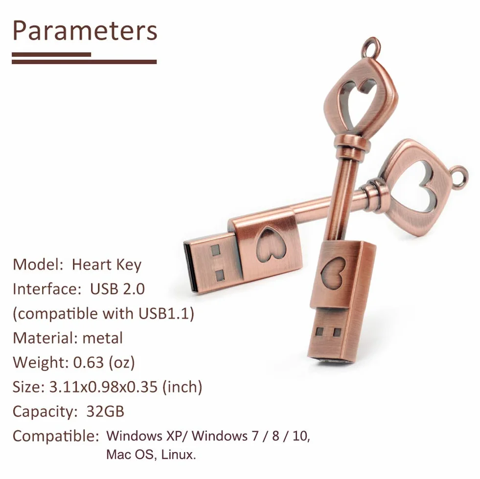 32 GB Pamięć USB, BorlterClamp Pendrive Retro Metalowy Miłość Serce Klucz Kształt