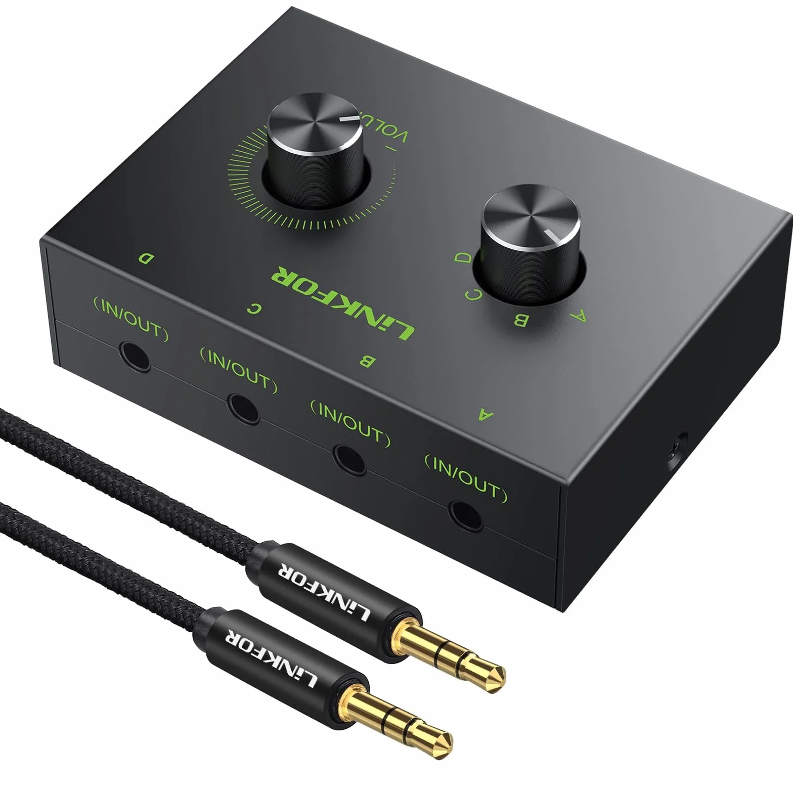LiNKFOR 4-portowy przełącznik audio stereo 3,5 mm z regulacją głośności, dwukierunkowy przełącznik 1 w 4 wyjścia lub 4 w 1 wyjście AUX do słuchawek, głośników, komputera, laptopa, smartfona - nie