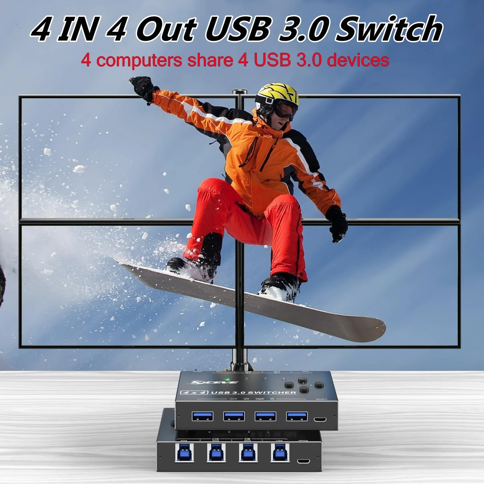Przełącznik USB 3.0 dla 4 komputerów, 4-portowy selektor przełącznika USB Udostępnianie 4 urządzeń USB, mysz, klawiatura, skaner, drukarka, komputer PC Zgodny z systemami Mac/Windows/Linux.