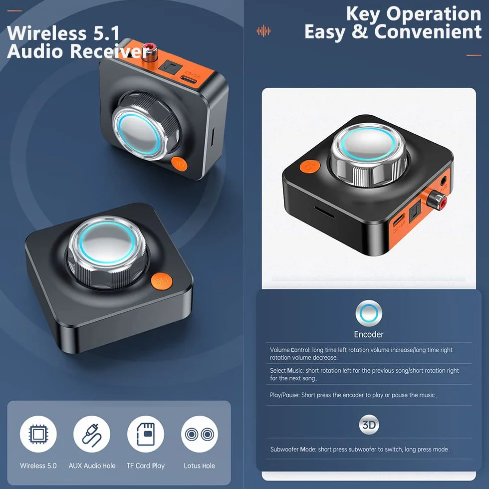 Baceyong Odbiornik Bluetooth 5.1, karta stereo 3D TF RCA 3,5 mm / 0,14 cala AUX Jack bezprzewodowy adapter, do wzmacniacza głośnika, cyfrowego zestawu audio samochodowego