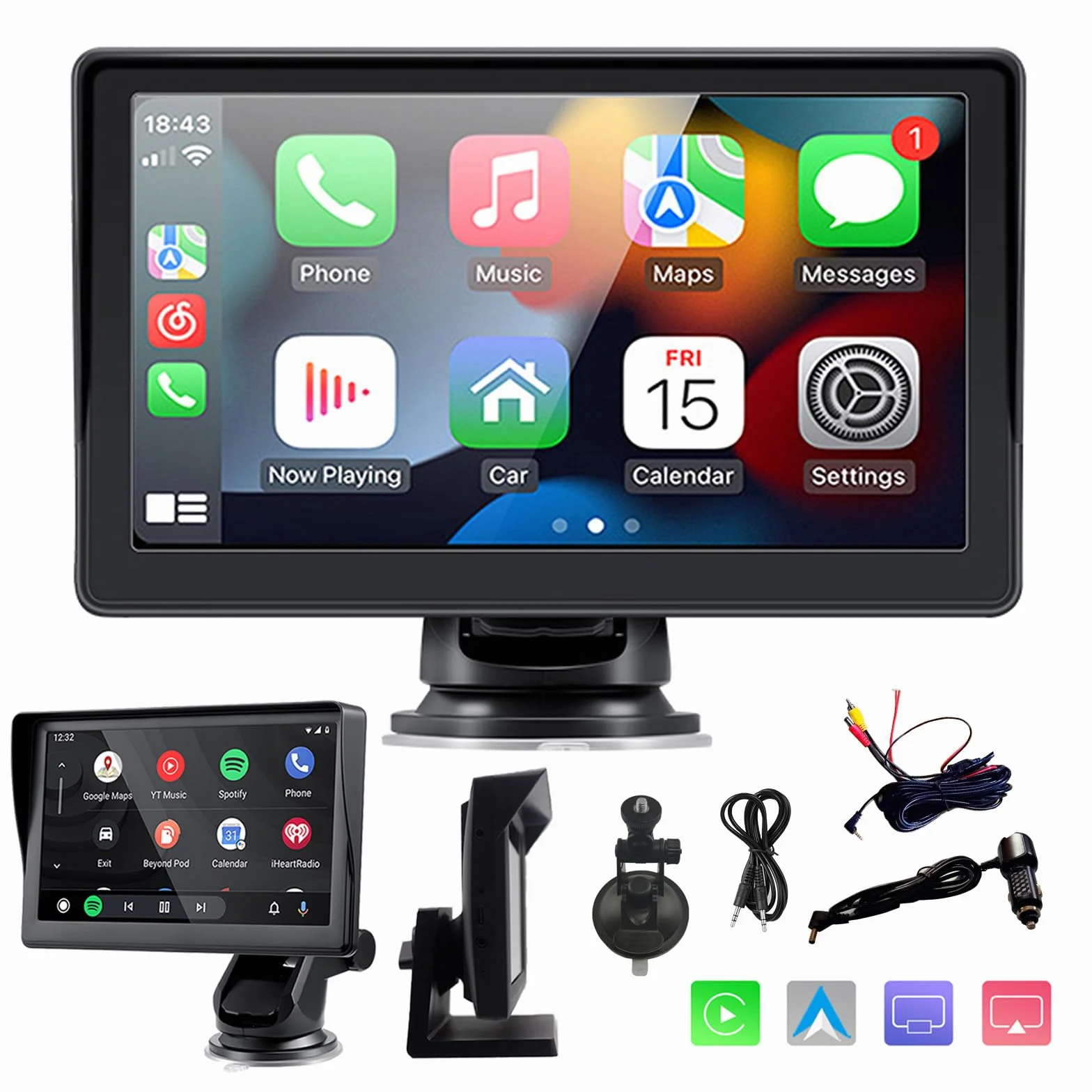 sunweyer Sunweyer Bezprzewodowy ekran samochodowy Carplay i Android, przenośne radio samochodowe, ekran dotykowy IPS 7", obsługa kamery cofania 1080p i nadajnik Bluetooth/AUX/FM
