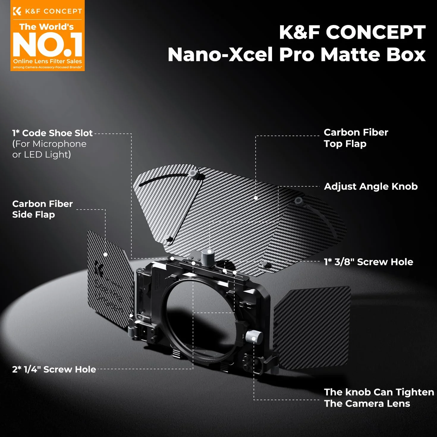 K&F CONCEPT Nano-X Pro Mini Matte Box z boczną klapką z włókna węglowego na górze, z kwadratowymi miseczkami filtrującymi 10,2 x 14,6 cm i pierścieniami adaptera obiektywu 67/72/77/82/95 mm do