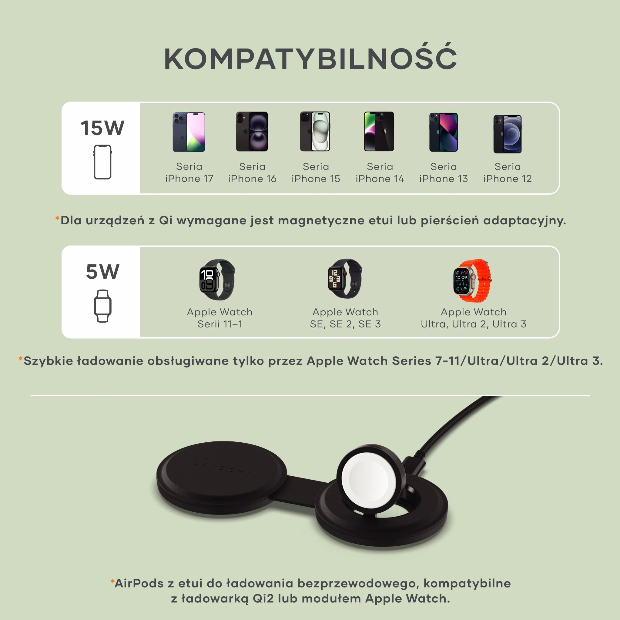 SATECHI składana ładowarka Qi2 OntheGo™ 2 w 1, 15 W, czarna | 15 W dla iPhone’a, 5 W dla Apple Watch i AirPods; zasilacz USB-C nie jest dołączony – wymagany min. 30 W