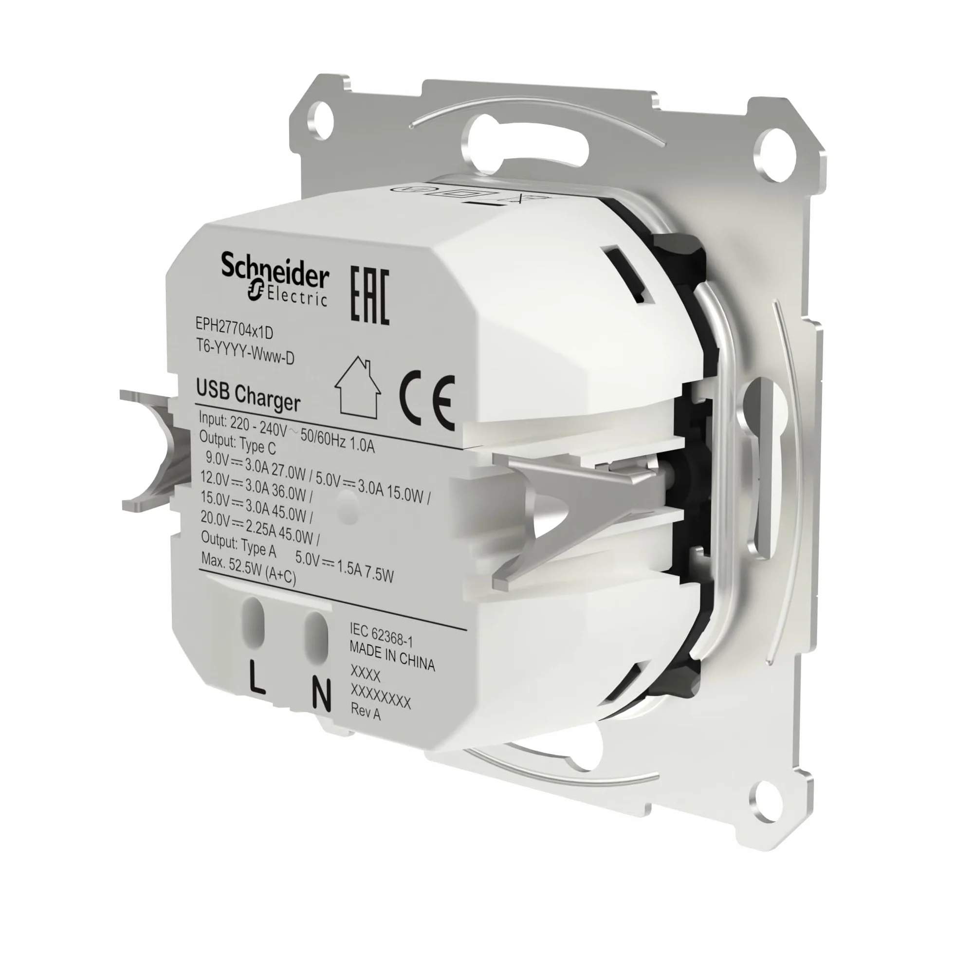 Schneider Electric Asfora EPH2770421D podtynkowa stacja ładująca USB typ A+C 45 W, gniazdko, zaciski wtykowe