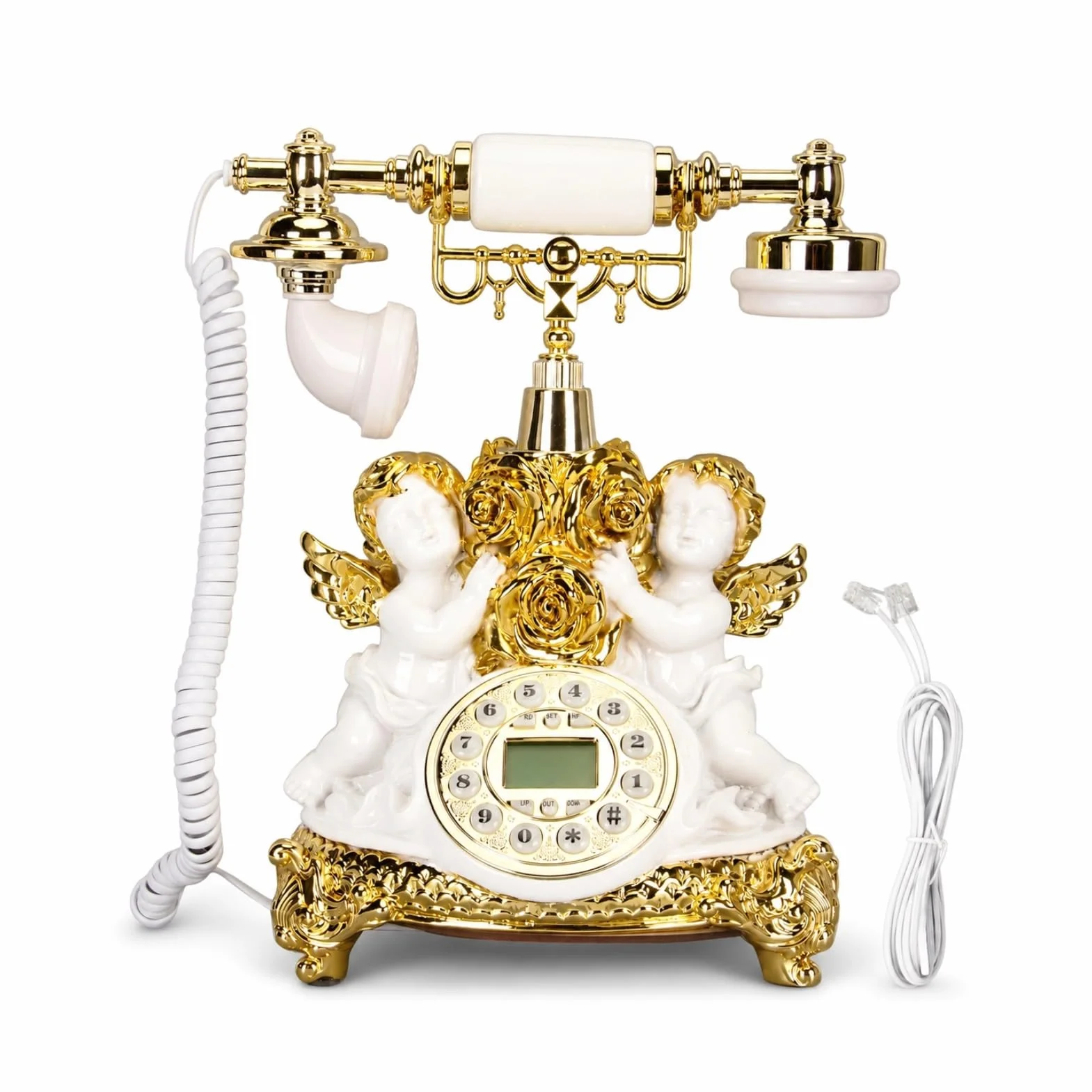 POENVFPO Telefon Stacjonarny w Stylu Retro z Wyświetlaczem LCD Trwały, Zabytkowy Telefon do Dekoracji Domowego Biura, Hotele z żywicy Galwanicznej Star (MS‑8334B, złoty)