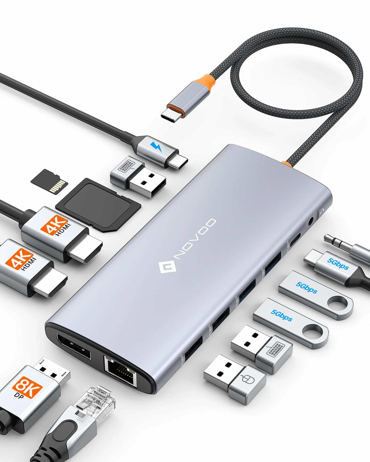 NOVOO Stacja dokująca USB C z potrójnym wyświetlaczem, 14 w 1, USB C na podwójny HDMI 4K 60 Hz, adapter z DP 8K 30 Hz, 6 portów USB C/A, PD 100 W, RJ45, SD/TF 3,5 mm Audio do MacBook/Dell/HP/Lenovo