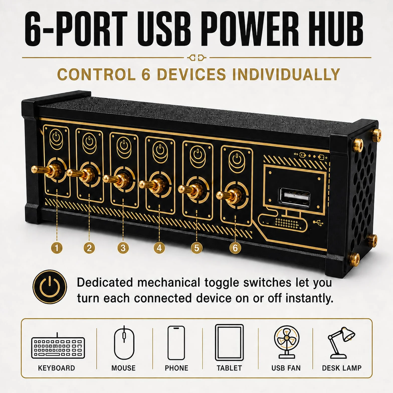 U6 6-portowa stacja dokująca USB, 6-portowy przełącznik USB, niezależne sterowanie, sterowanie głosem ze wskaźnikiem stanu LED, transmisja danych, pozłacane platerowanie retro do smartfonów