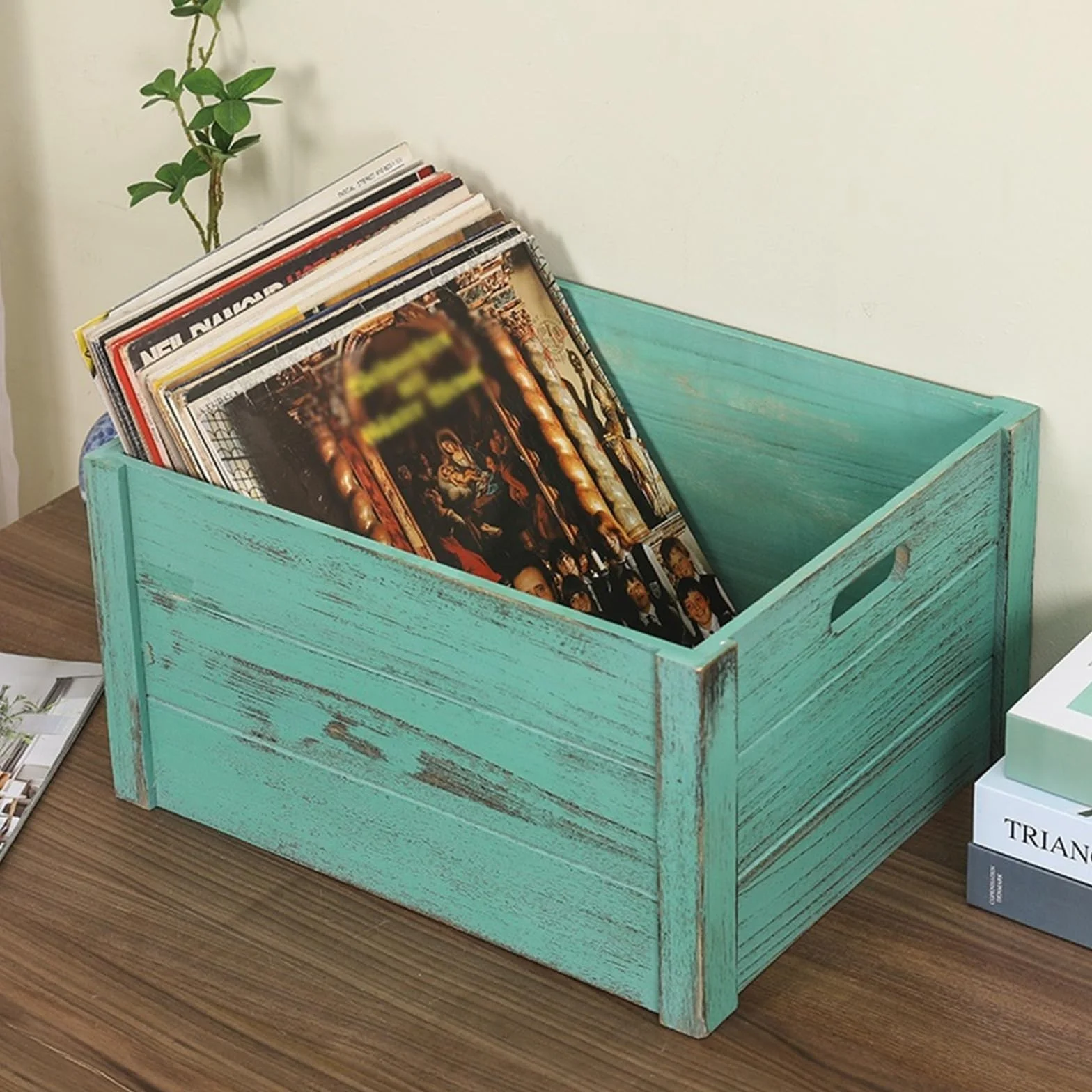 Organizator półki na DVD Skrzynia do przechowywania płyt winylowych, futerał w stylu retro z uchwytem, ​​drewniany uchwyt albumów, pudełko organizerem Stojak do przechowywania płyt CD(Green)