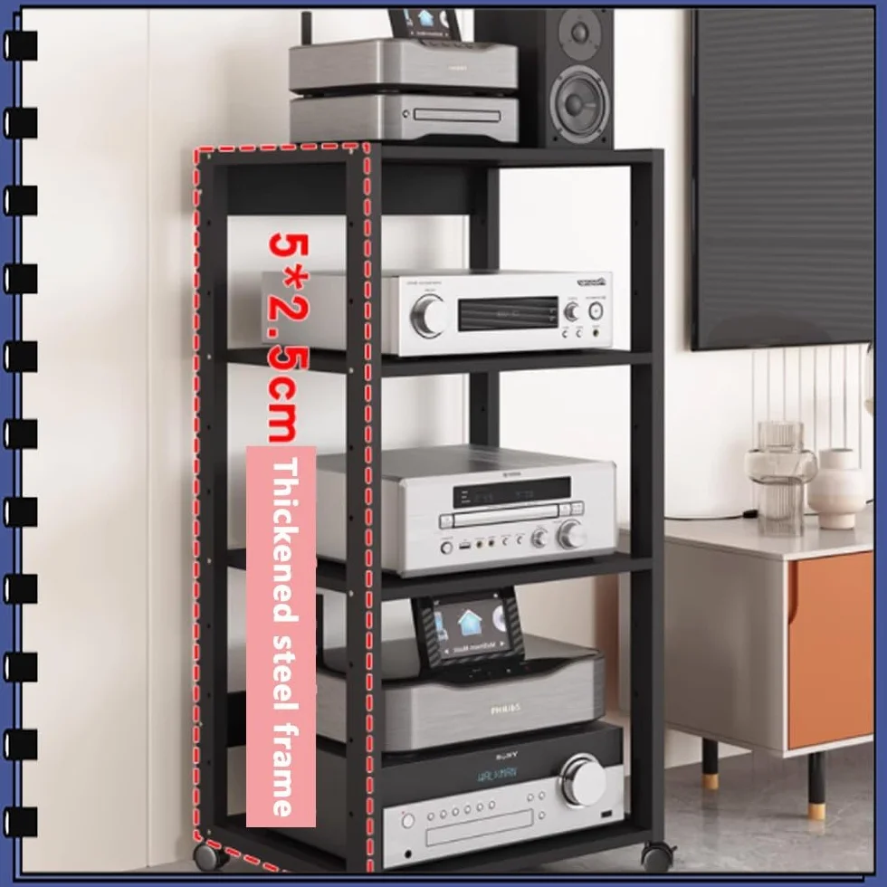 Czarny stojak na wzmacniacz audio, 3-poziomowy stojak multimedialny AV, wieża audio z kółkami hamulcowymi, odtwarzacz CD, konsola do gier, uchwyt TV Box (50 x 40 x 48,5 cm)
