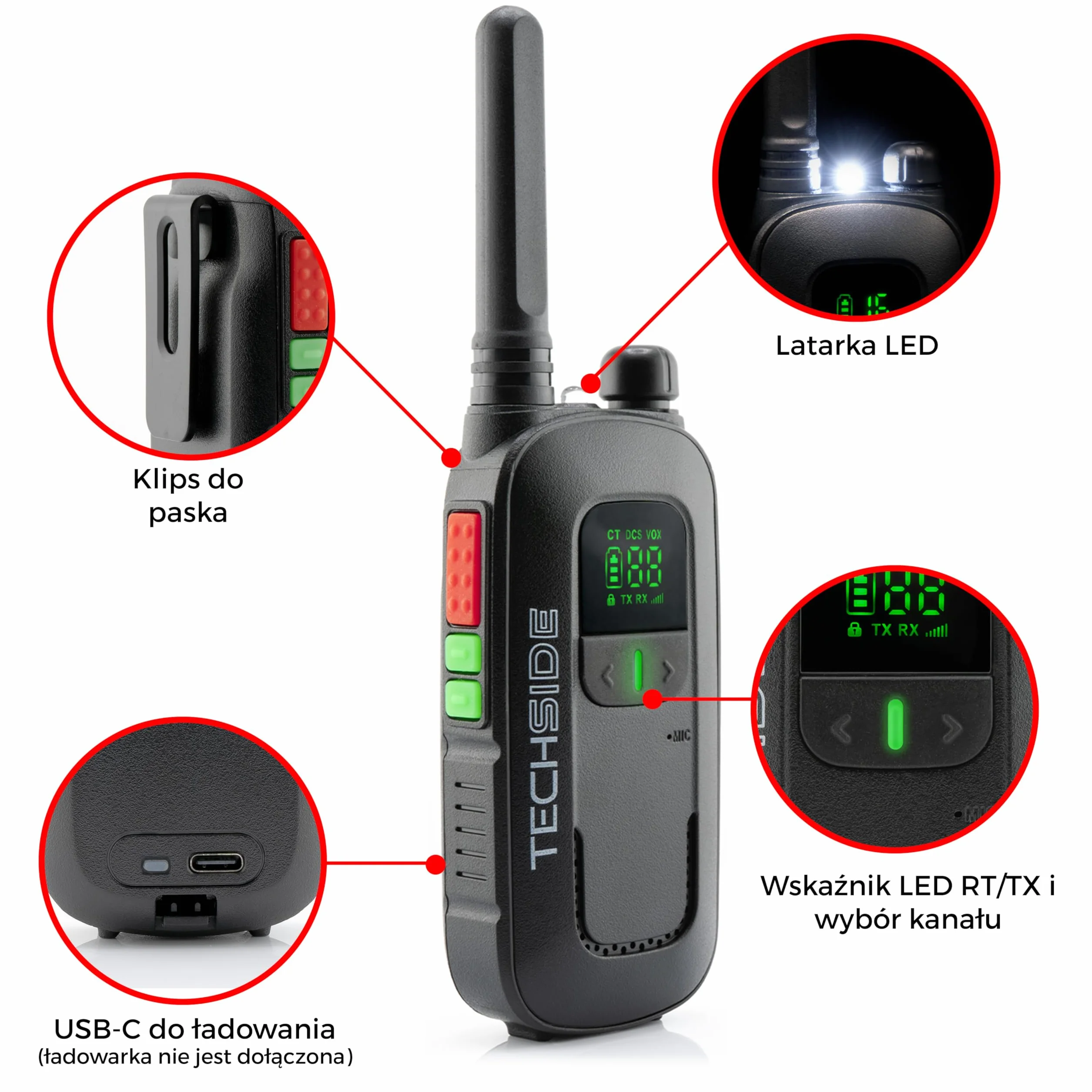 Techside TS-T2 Profesjonalna Krótkofalówka Walkie Talkie PMR446 16 Kanałów (Bez Zezwoleń) | VOX 5 Poziomów | Automatyczne Skanowanie Kanałów | Słuchawka i Ładowarka USB Pełny Zestaw | Zestaw 6 szt.