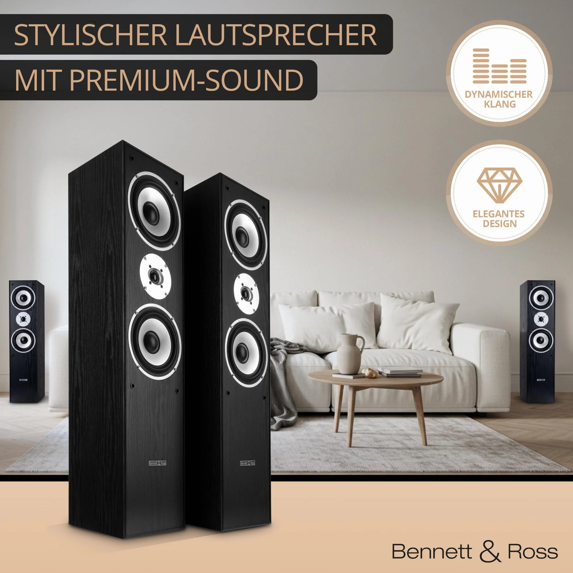 Bennett & Ross Radiant 3-drożny głośnik stojący HiFi (350 W RMS, 6,5" głośnik niskotonowy, 6,5" głośnik średniotonowy, 1" głośnik wysokotonowy, konstrukcja bass reflex, rysunek słojów o wyglądzie