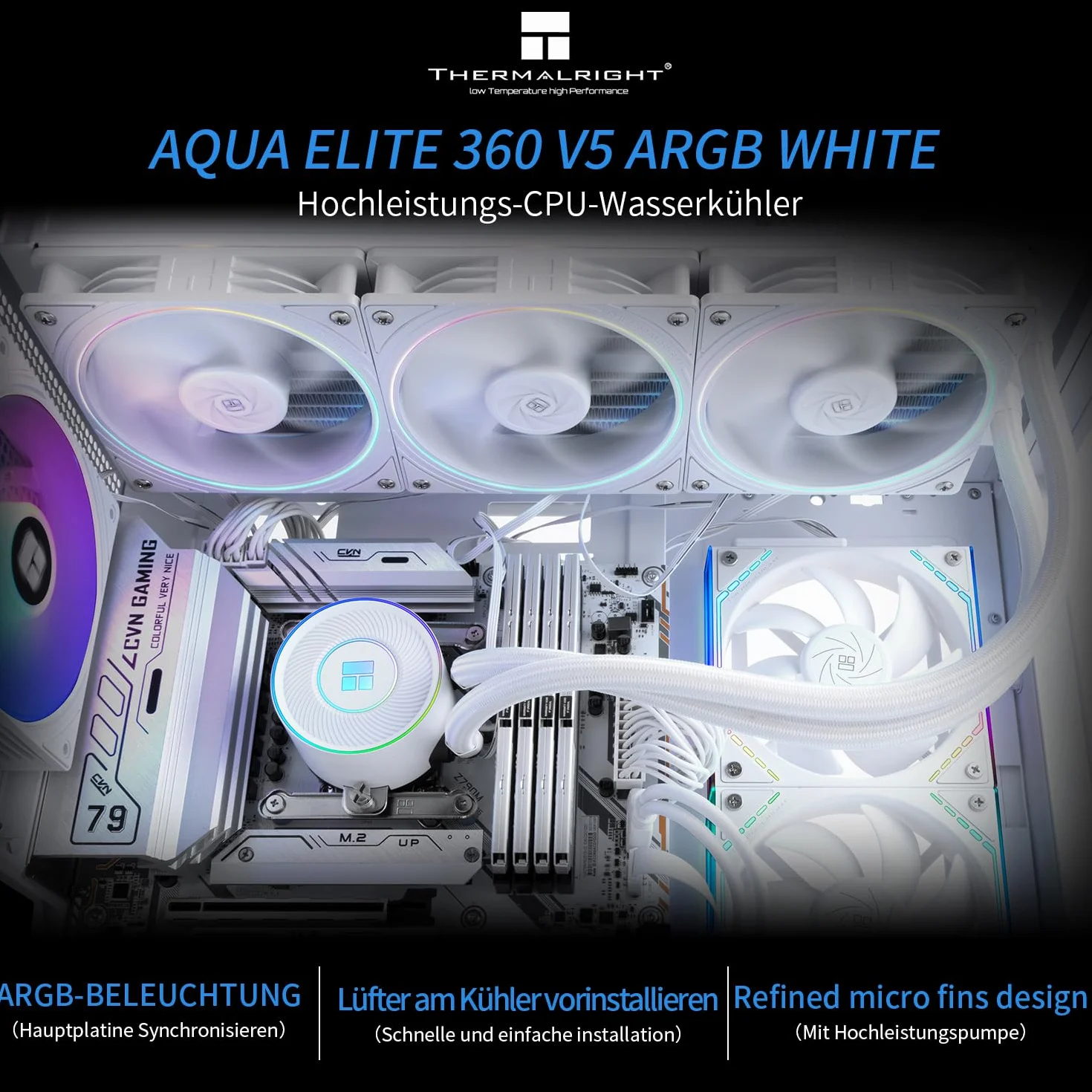 TR Aqua Elite 360 V5 ARGB White płynna chłodnica procesora - 360 mm AIO, 3 wentylatory PWM - efekt oświetlenia ARGB z cienkim pierścieniem, do AM4/AM5, Intel LGA1851/1700/115x, biała chłodnica wodna