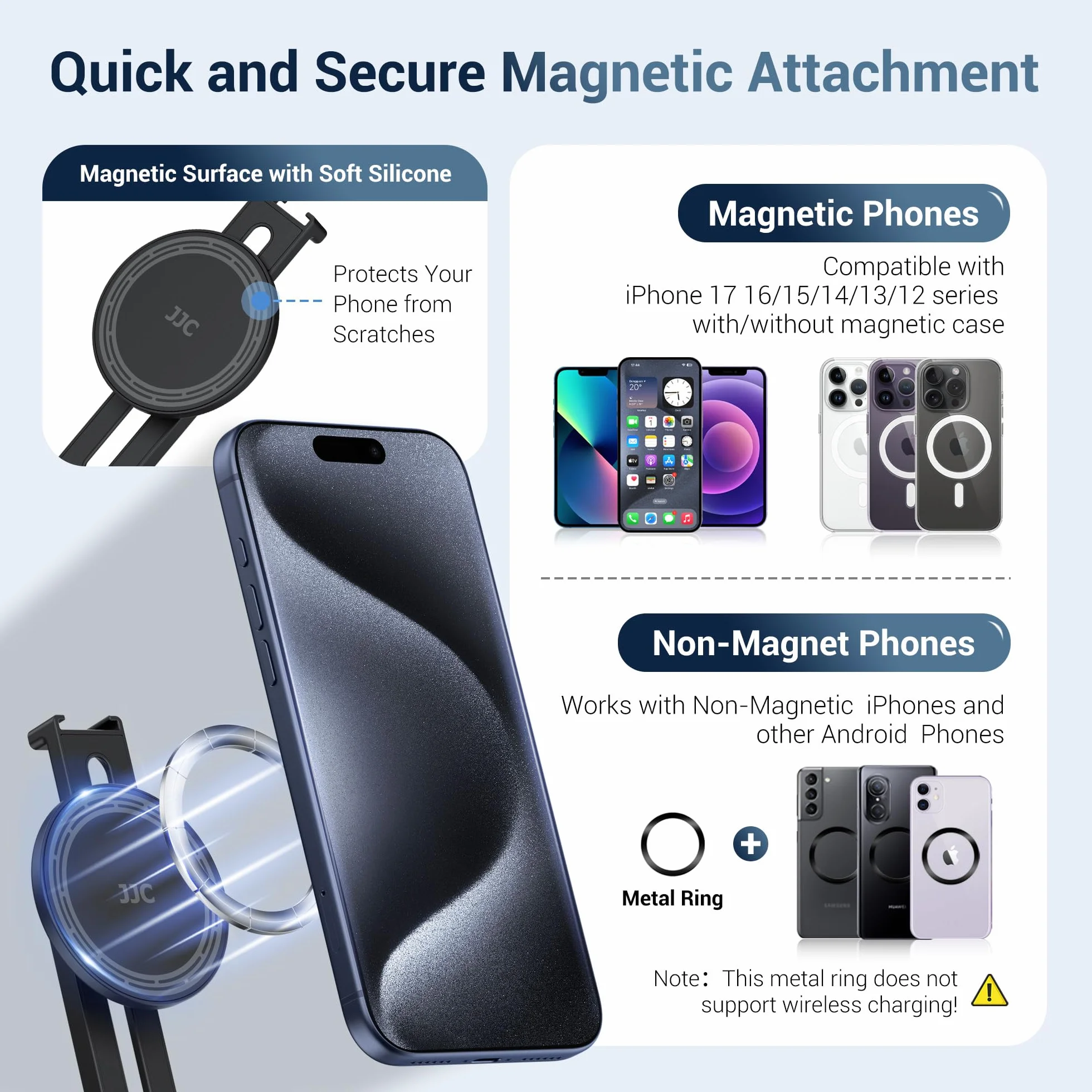 JJC Magnetyczny uchwyt na statyw do telefonu iPhone 17 16 15 14 13 Pro Max Min, nachylenie 180° przenośny stojak na smartfon na aparacie z zimną stopką i śrubą 1/4 cala do mikrofonu LED