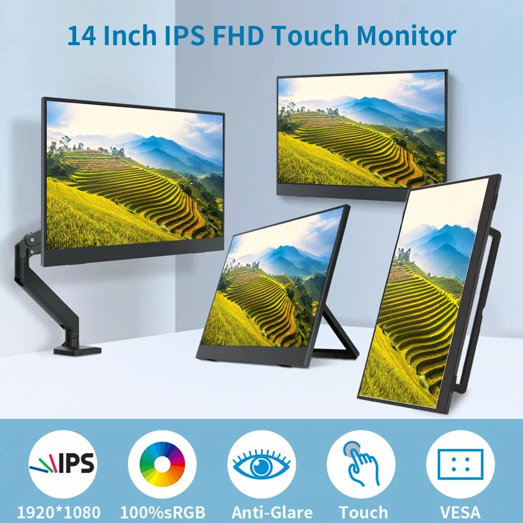 Przenośny monitor z ekranem dotykowym 35.6 cm, zewnętrzny wyświetlacz USB-C i FHD, 100% sRGB, antyodblaskowa, ochrona prywatności, niska mocowanie, monitor podróżny VESA do laptopa, Maca, gier, biura