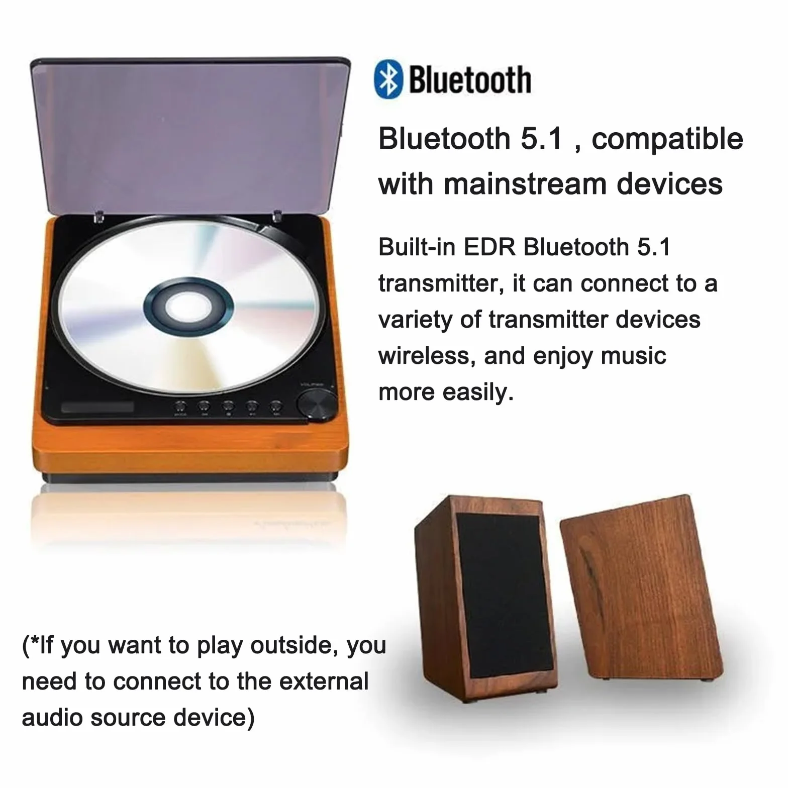 Odtwarzacz CD z Bluetooth 4.2, Vintage Wooden Turntable Style, HiFi Speakers, USB i wyjście optyczne, Wyświetlacz LCD, Przenośny słuchacz muzyki dla Home Audio
