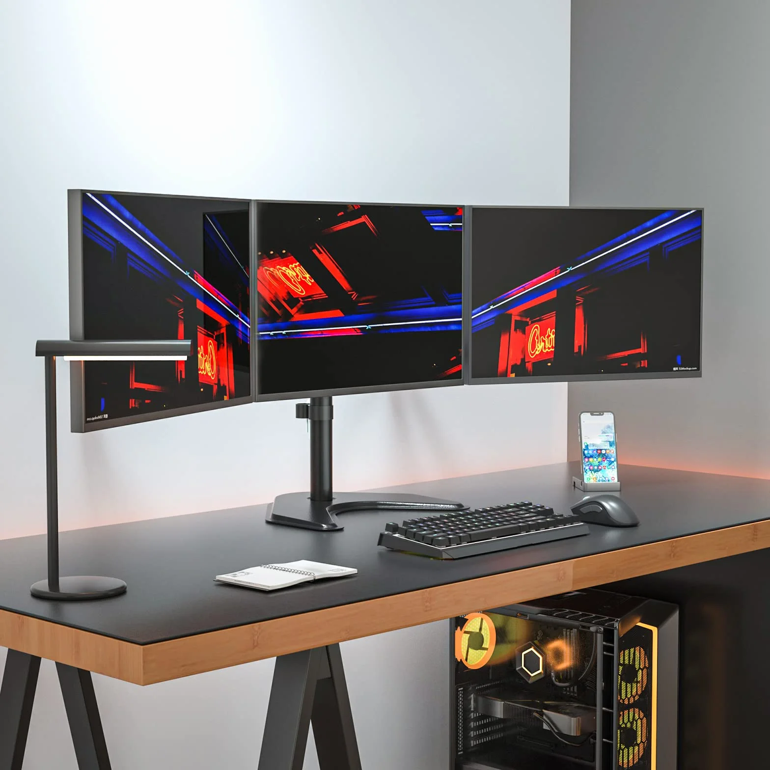 WALI Potrójny stojak na monitor, wolnostojący trzy monitory LCD w pełni regulowany uchwyt biurkowy pasuje do 3 ekranów do 68.6 cm, nośność 10 kg na ramię (MF003), czarny