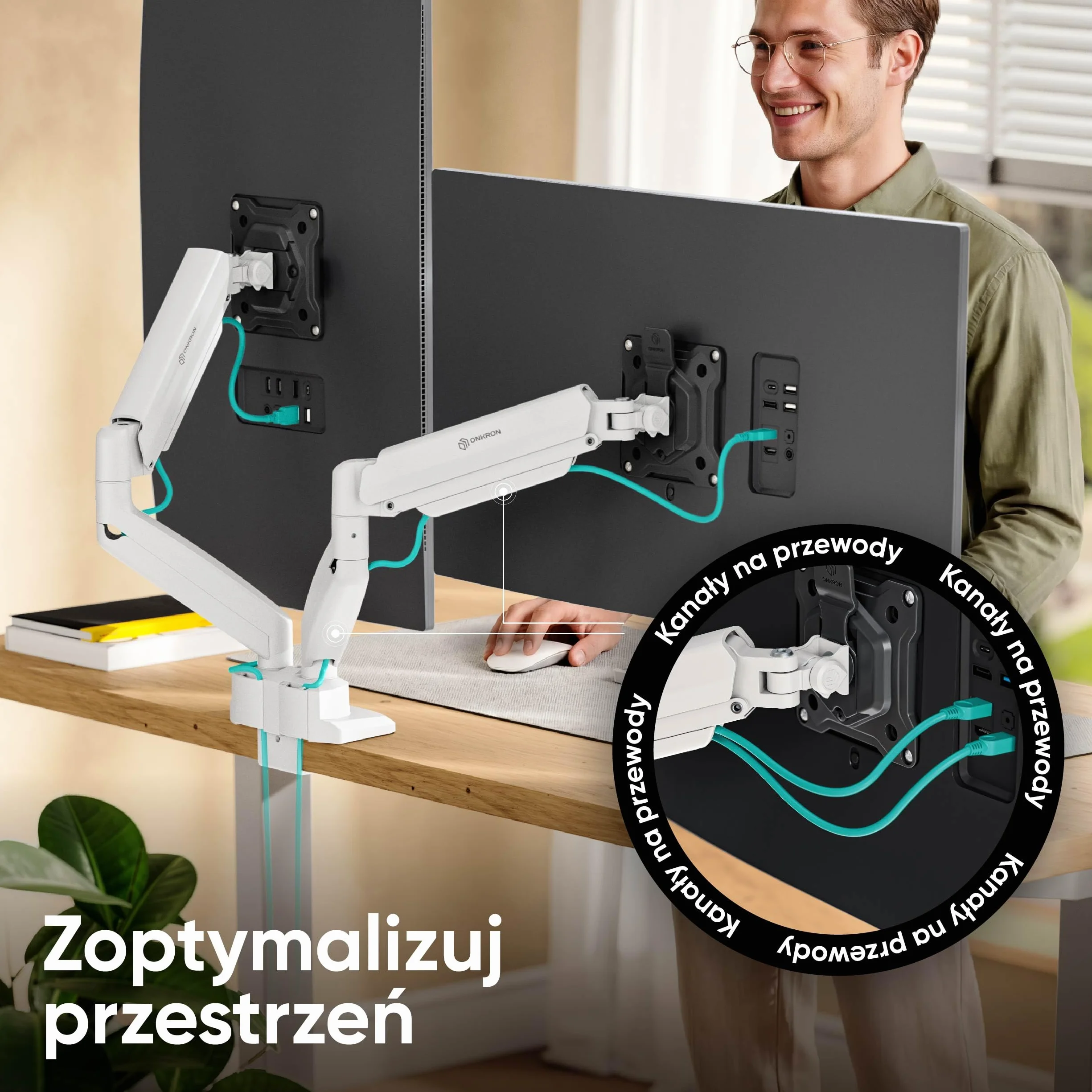 ONKRON Uchwyt Biurkowy Na 2 Monitory dla Ekranów 13-32 cale, do 2x10 kg, Ramię do Dwóch Monitorów ze Sprężyną Gazową, z Czarną Płytką VESA 75x75 – 100x100, Biały G160-BW