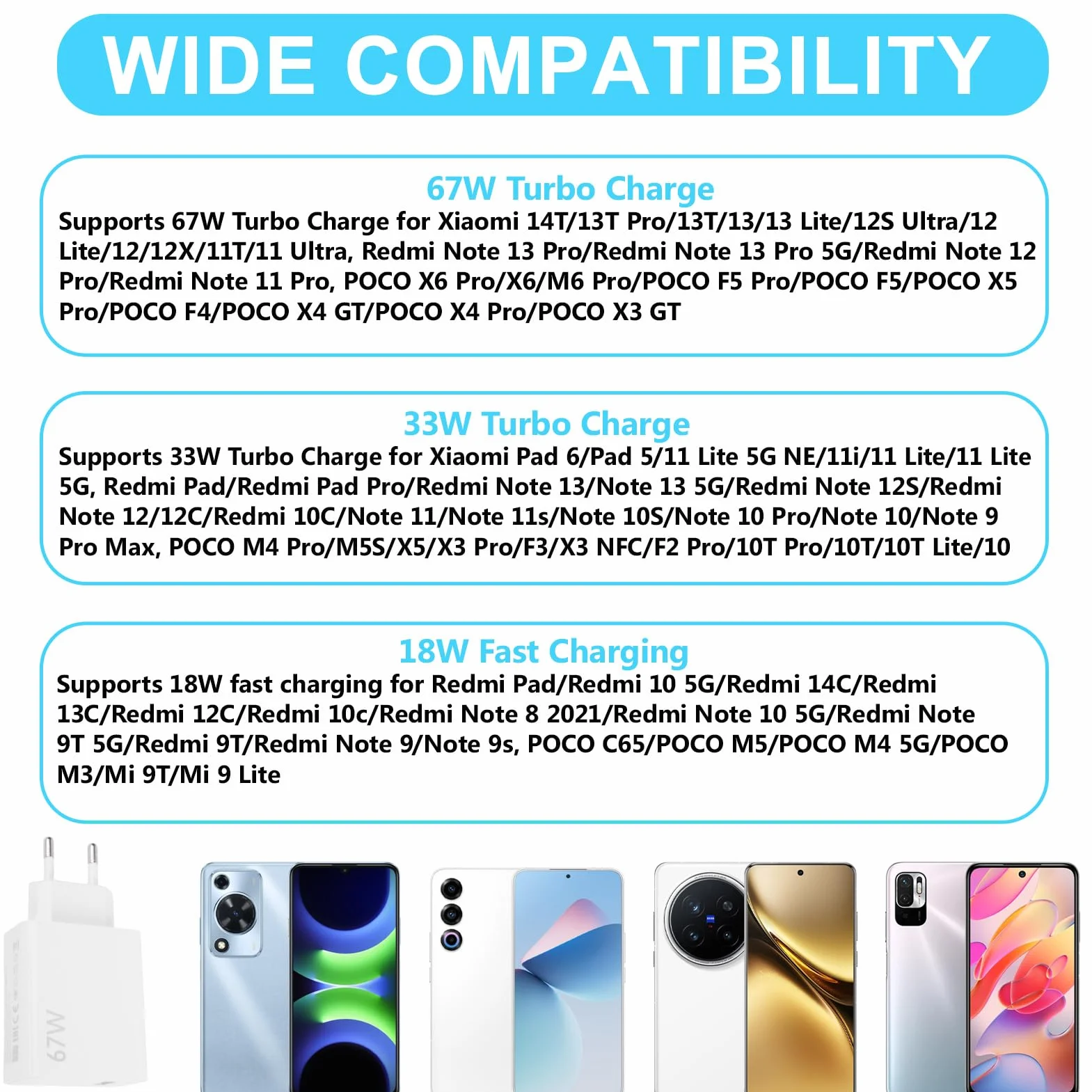Ładowarka 67 W, USB C, szybka ładowarka z kablem typu C 2 m, 67 W, ładowarka do Xiao-mi Red-mi Note 15, 14, 13, 12 Pro 5G, Mi 13, Mi 12, Mi 11, Poco X5, X6 Pro, Poco F7 Ultra