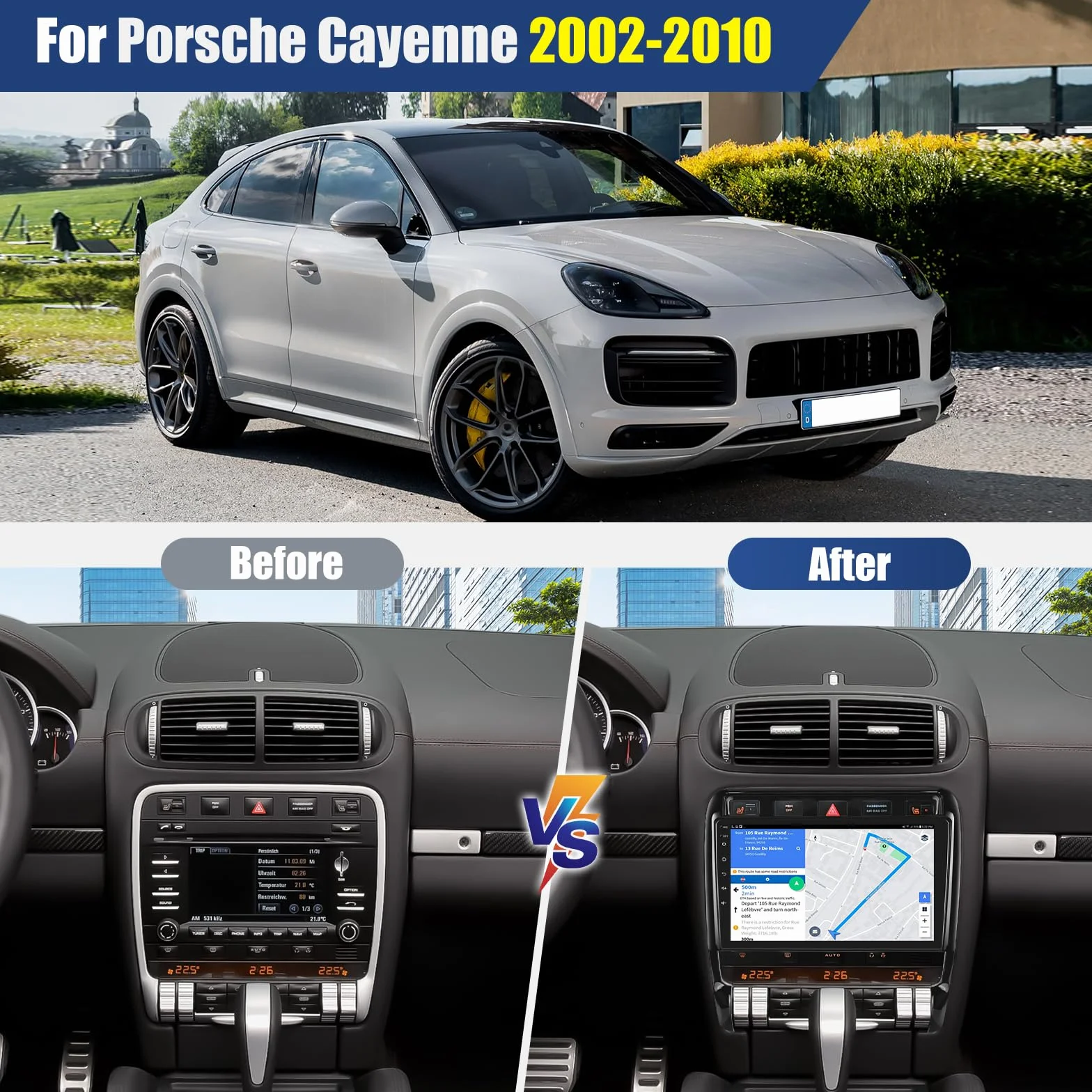 CAMECHO Radio samochodowe 4 + 128 G 9" do nawigacji Porsche Cayenne 2002-2010 z kamerą cofania, Android 13 Wireless Carplay Android Auto Radio z WiFi GPS FM/RDS + Canbus IPS ekran dotykowy