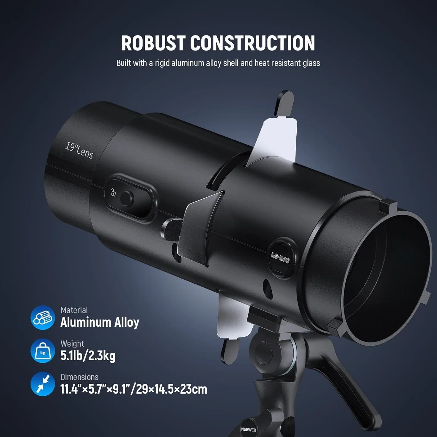 NEEWER LS-300 Reflektor optyczny Snoot do lamp wideo LED o mocy 300 W z obiektywem projekcyjnym 16x Gobo 19° 98% przepuszczalności światła, geometryczny modelujący do kreatywnej fotografii i