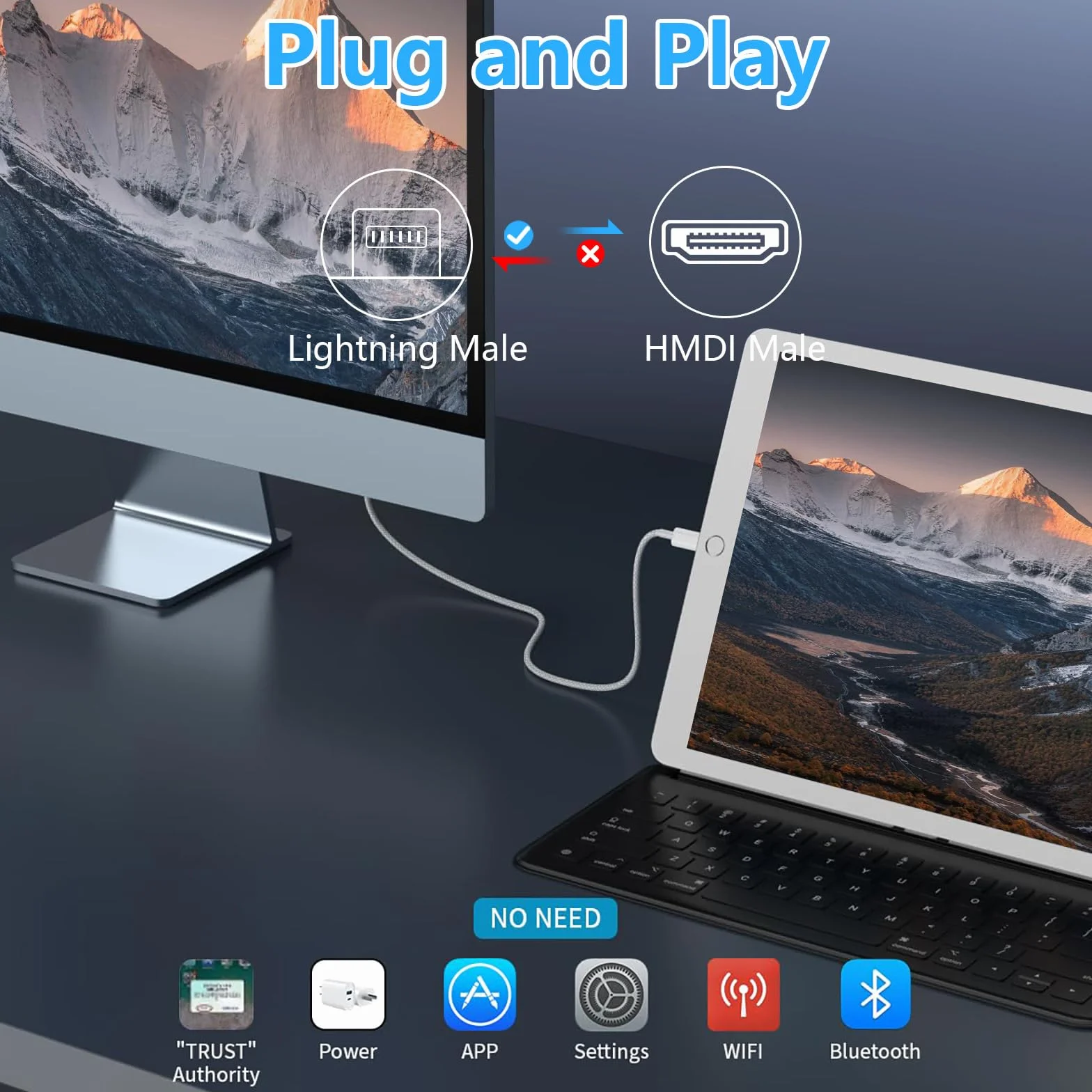 Oliveria Kabel Lightning HDMI, adapter Lightning HDMI 2 m, adapter L-ightning na H-DMI, adapter L-ightning na H-DMI 1080P do iPhone14, 13, 12, 11, Plug and Play