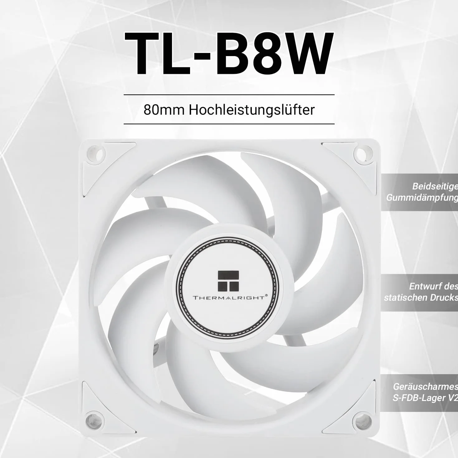 Thermalright TL-B8W CPU wentylator komputerowy, cichy, 4-pinowy PWM, cichy wentylator chłodzący, 80 mm, prędkość 2200 obr./min, 80 x 80 x 25 mm (biały)