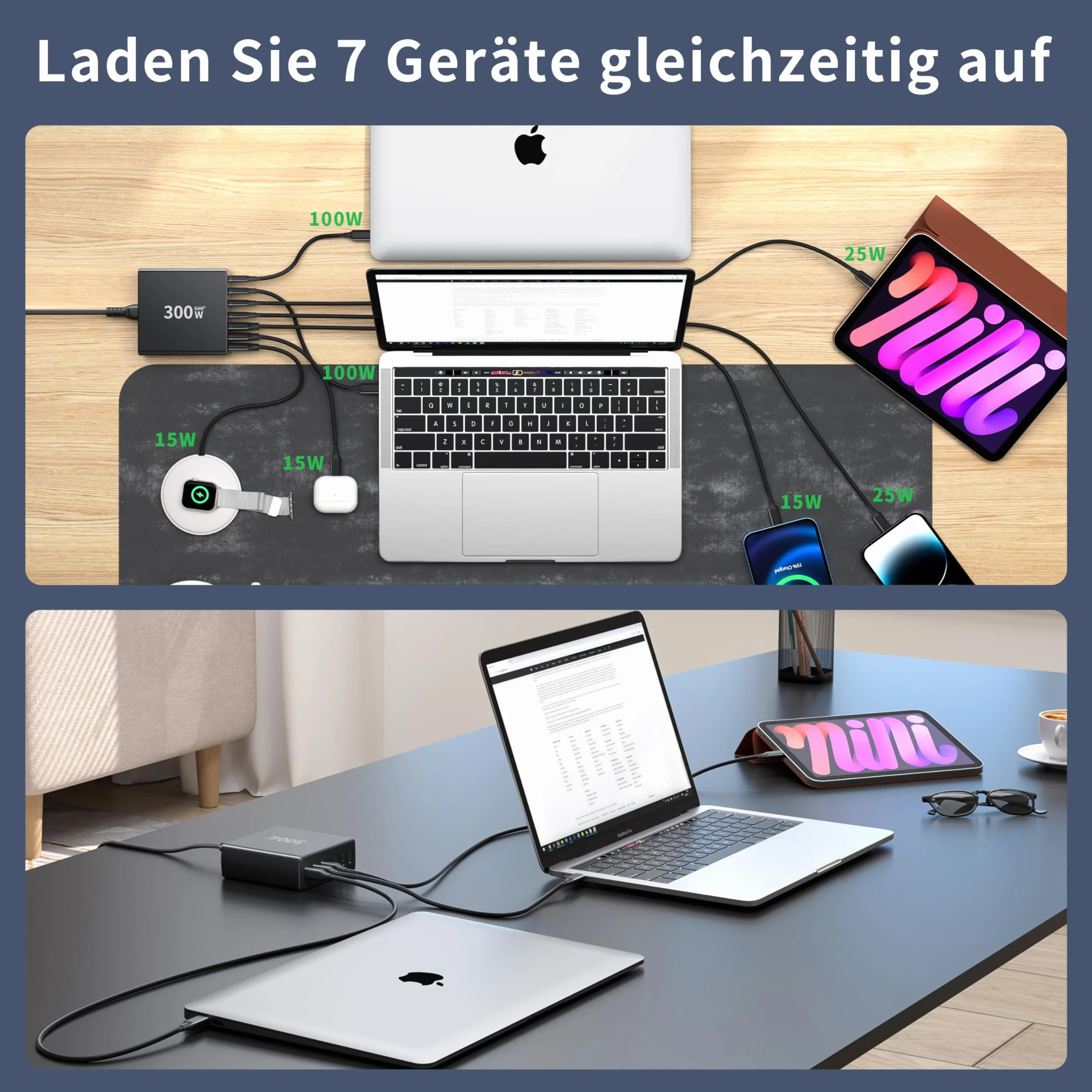 FINIBŁADOWARKA C: 300W 7-portowa szybka ładowarka usb z 4 portami USB-C i 3 portami A, dual-PD PPS