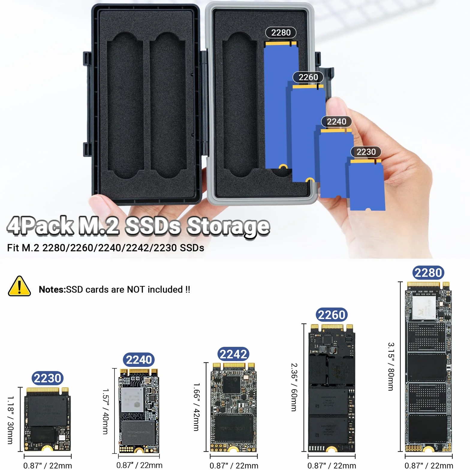 Compact M.2 2280 2260 2240 2242 2230 Case, 4 gniazda M.2 SSD Holder Box, M.2 NVMe 2280 wewnętrzny dysk twardy półprzewodnikowy, wodoodporny, pyłoszczelny, odporny na wstrząsy
