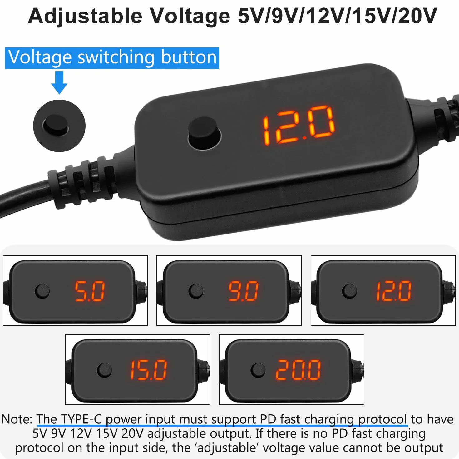 kabel adapter USB-C PD do DC [5V/9V/12V/15V/20V Regulowane] z 10 złączami DC + adapterem USB | Kompatybilny z laptopem, routerem, monitorem, kamerą | złącze 5,5×2,1mm | 1,2m (60W Power