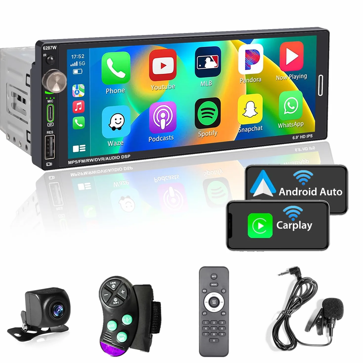 Radio samochodowe 1 DIN z ekranem (6,9 cala) kompatybilne z Apple CarPlay [bezprzewodowe] /Android Auto Bluetooth FM/RDS Radio USB (typ C szybkie ładowanie 2,1 A), kamera cofania
