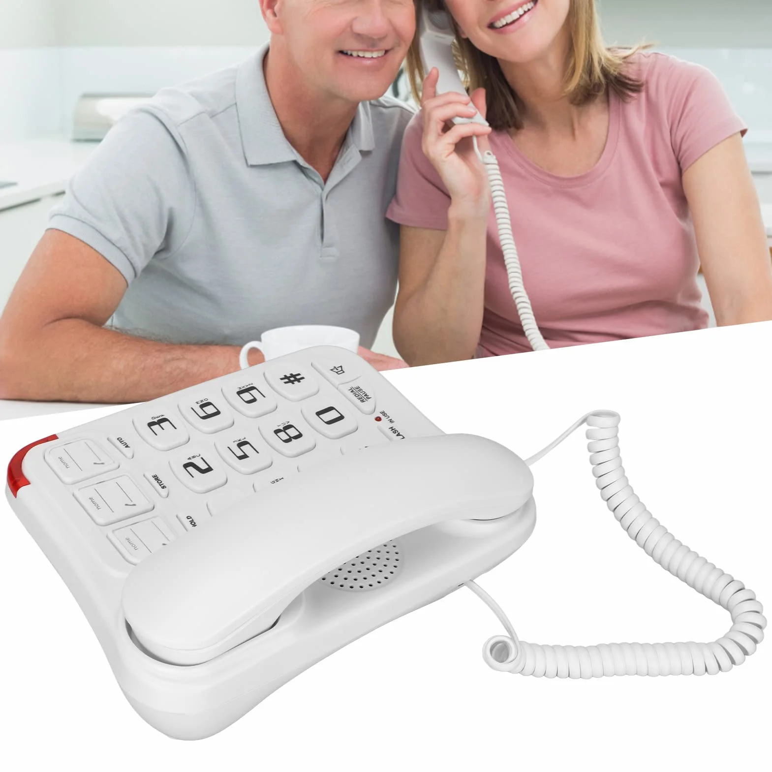 Telefon przewodowy z dużym przyciskiem dla seniorów, 3 klawisze obrazkowe, Wzmocniony telefon przewodowy, Wielofunkcyjny telefon z dużym przyciskiem dla osób starszych, Wybieranie jednoprzyciskowe