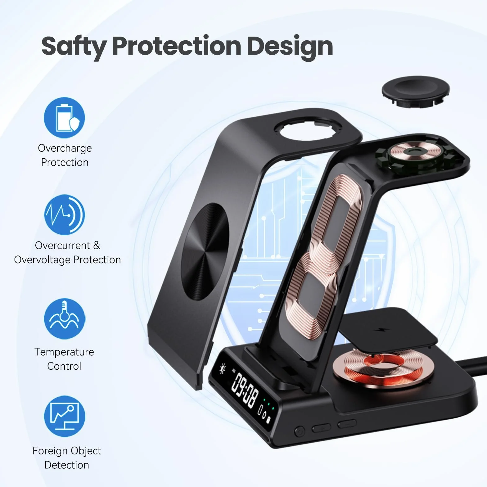 Stacja ładująca 3 w 1, Apple Watch i iPhone z zegarem cyfrowym, 18 W, szybka bezprzewodowa stacja ładująca do iPhone 15 Pro Max, indukcyjna stacja ładująca do Air pods Pro 2, Apple Watch stacja