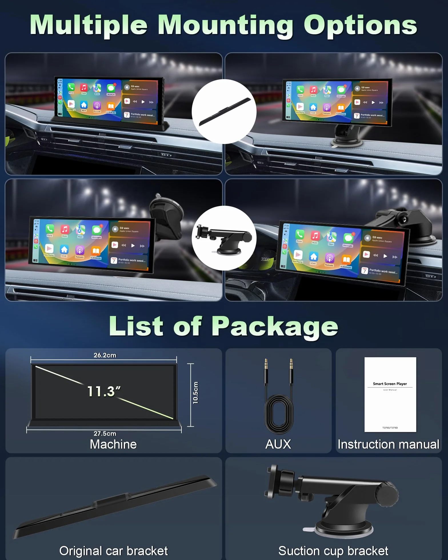 Ekskluzywny wyświetlacz samochodowy 11,3 cala Carplay z systemem Android ze stabilnym uchwytem, bezprzewodowy wyświetlacz Car Play Buddy z podwójnym Bluetooth Siri/GOO-gle, nawigacja GPS do samochodów