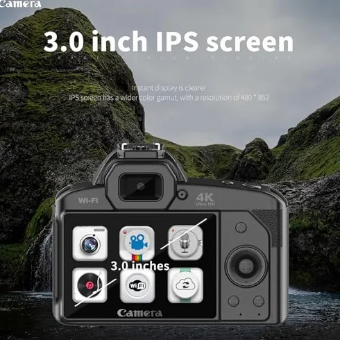 Aparat Cyfrowy 4K 64 MP, Cyfrowy Aparat Noktowizyjny, Kolorowy Wyświetlacz IPS 3 Cale, WIFI, 16-krotny Zoom Cyfrowy, Szeroki Kąt 120 Stopni, światło Wypełniające, Obiektyw Makro,