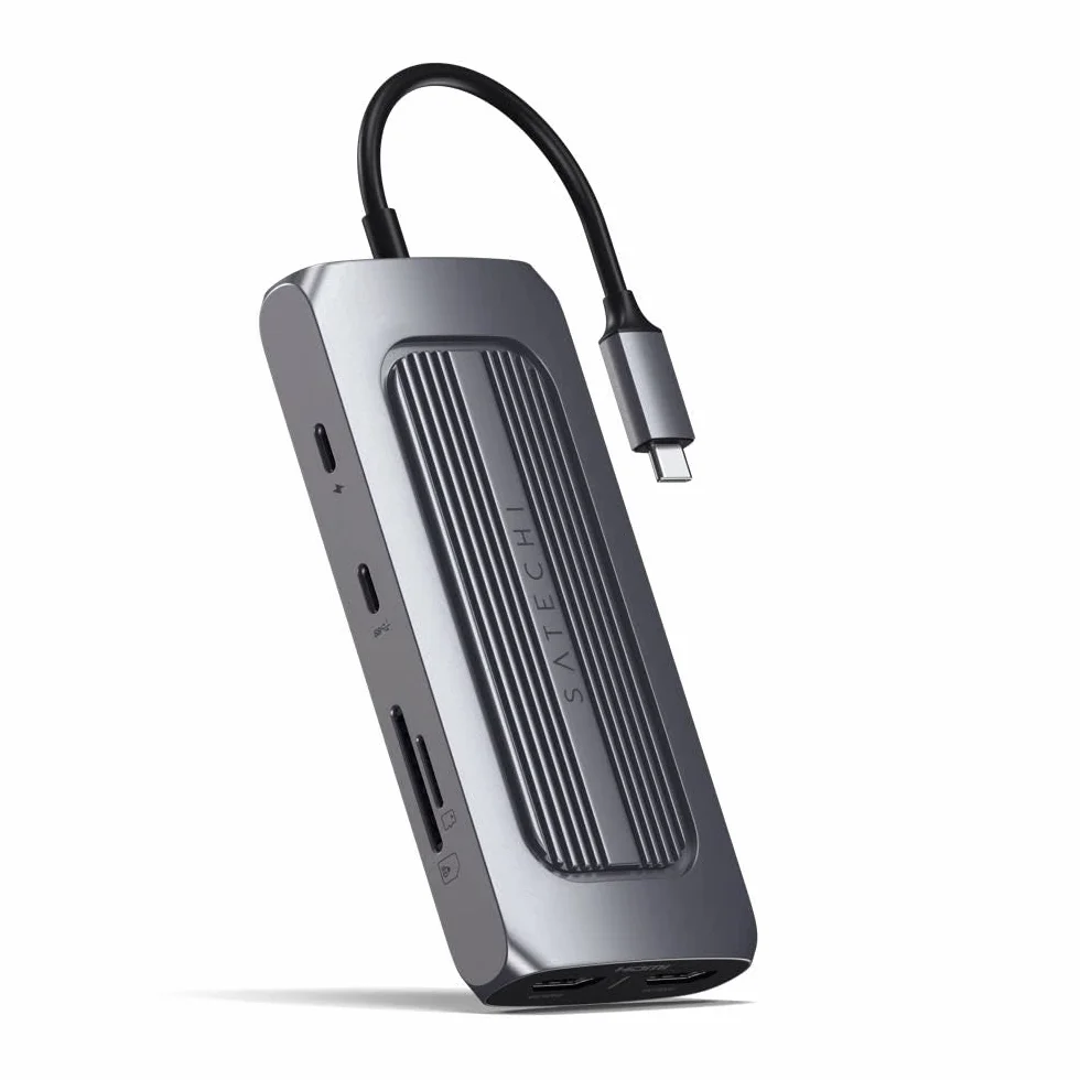SATECHI hub USB-C MX 9 w 1 z dwoma wyjściami HDMI | PD 100 W, USB-A/USB-C, Gigabit Ethernet, do MacBooka i komputerów z Windows, port USB-C do transmisji danych