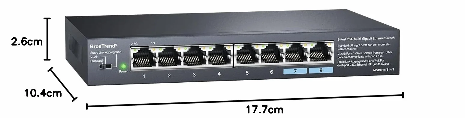 BrosTrend Przełącznik 2,5 Gb, niezarządzany 8-portowy przełącznik Ethernet 2,5 Gigabit obsługujący agregację statycznych łączy i VLAN, rozdzielacz Multi Gig do gier, NAS, PC, dożywotnia gwarancja