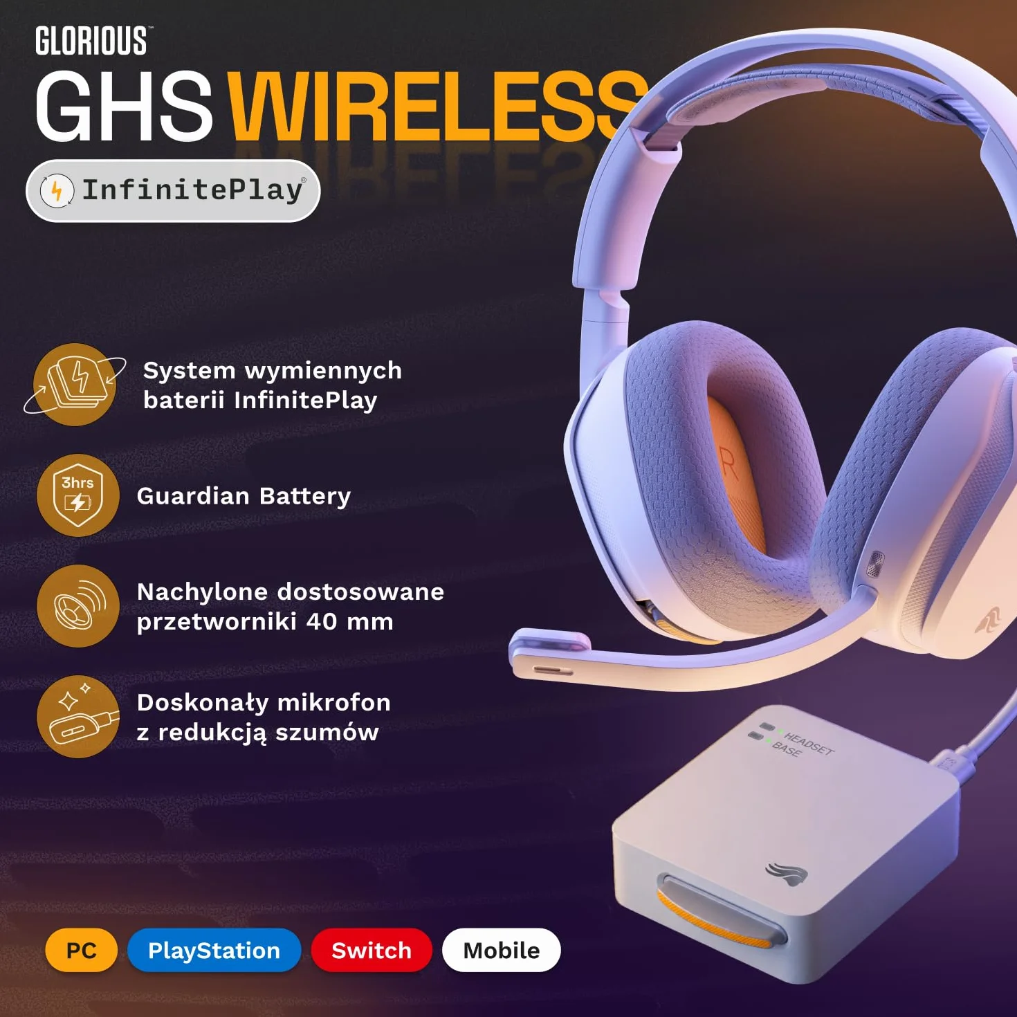 Glorious GHS Wireless InfinitePlay - Headset Gaming - PC, PS5, PS4 - Biały | Wymienne Baterie 85h, ON przy Wymianie, 2.4GHz i Bluetooth, Dostrojone Przetworniki, Odłączany Mikrofon z Redukcją Szumów