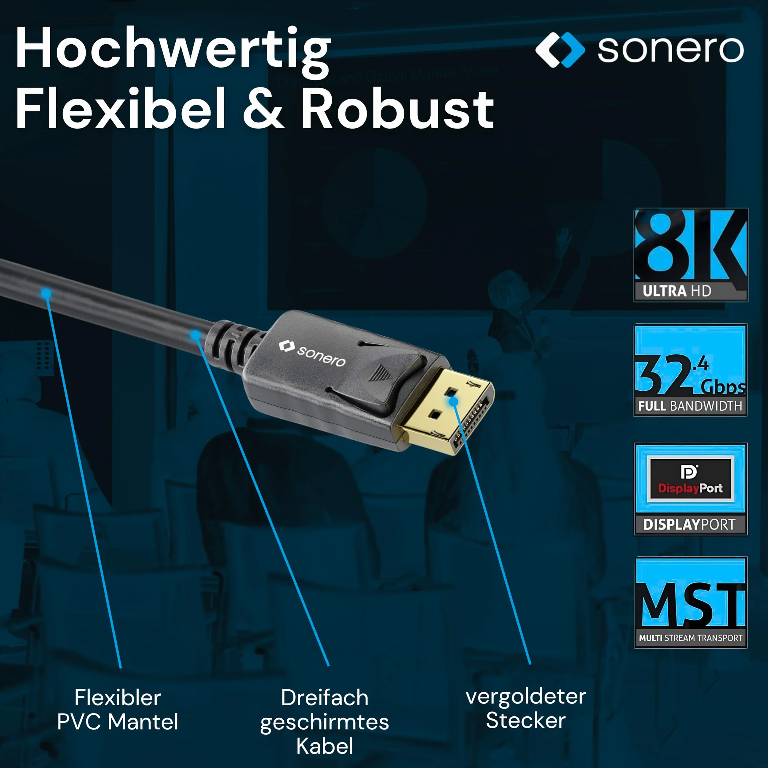 sonero Kabel DisplayPort 1.4 o długości 1,8 m, DisplayPort do DisplayPort, 8K przy 60 Hz, czarny